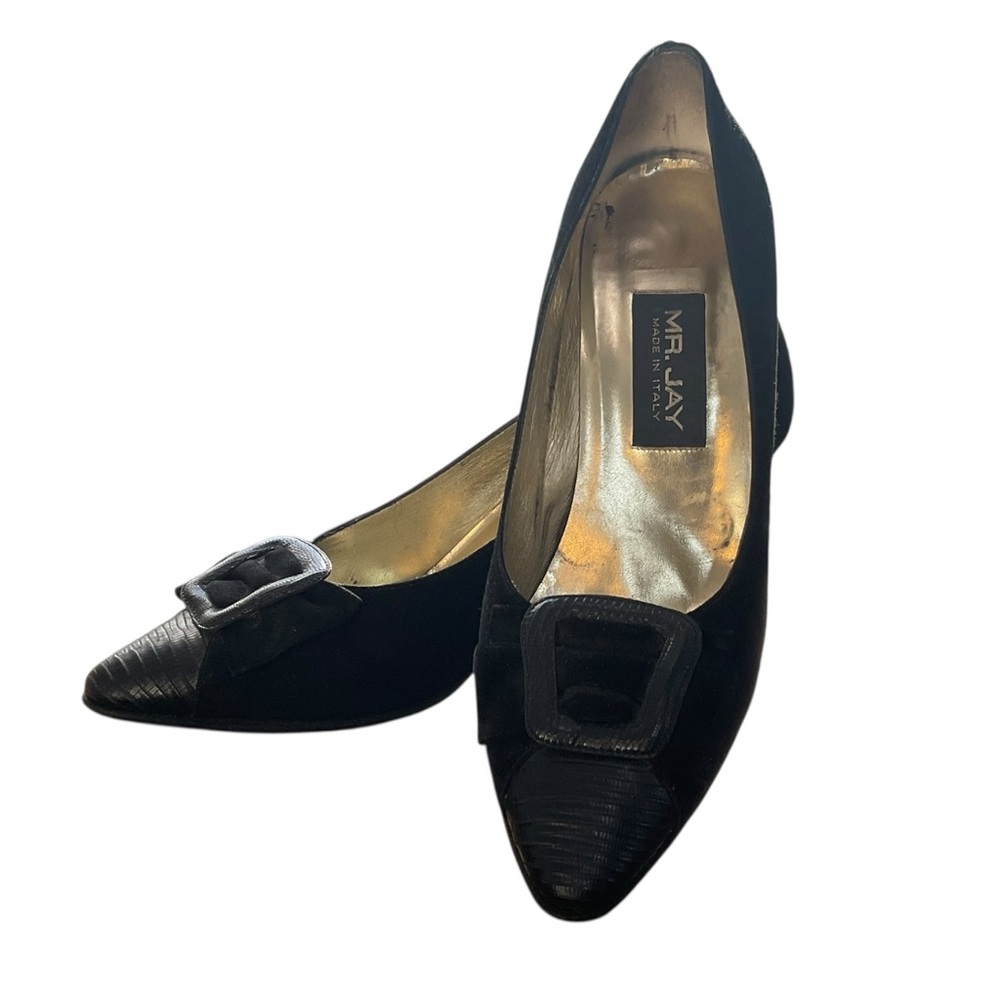 Vintage 1980s Velvet Pumps Mr Jay Bow Heels Leather Shoes Sz 7 Made In Italy 37